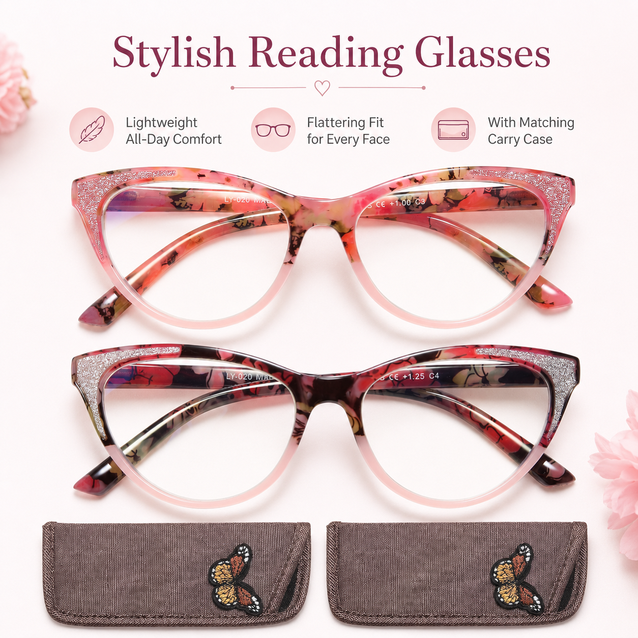 Stylish Cat Eye Reading Glasses for Women – Glitter Frame Blue Light Readers, Fashionable Computer Cheaters for Everyday Comfort