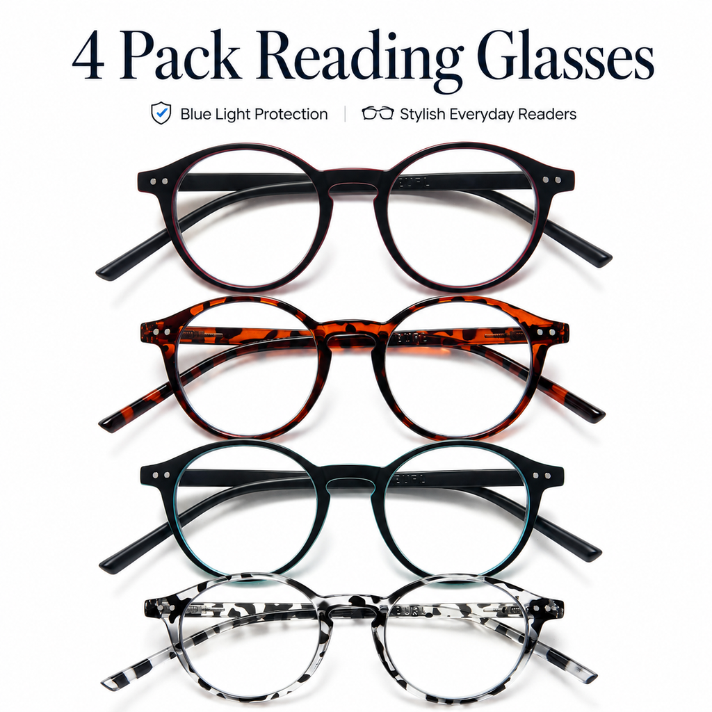 EYEURL 4-Pack Round Reading Glasses for Women Men Neck Hanging Small Blue Light Glasses Retro Round Computer Glasses With Spring Hinges TR90 Lightweight Readers for Women 3.0