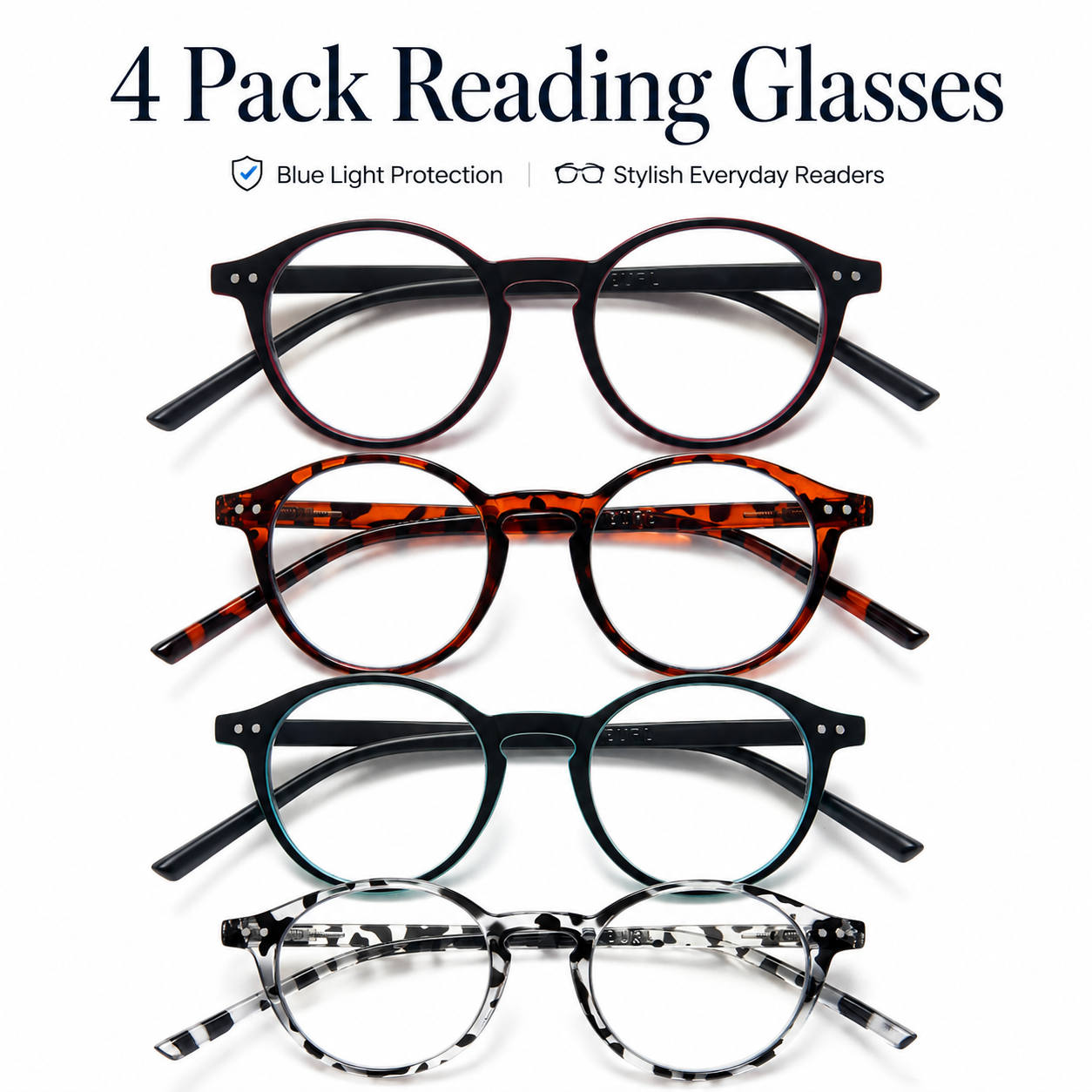 EYEURL 4-Pack Round Reading Glasses for Women Men Neck Hanging Small Blue Light Glasses Retro Round Computer Glasses With Spring Hinges TR90 Lightweight Readers for Women 3.0