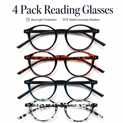 EYEURL 4-Pack Round Reading Glasses for Women Men Neck Hanging Small Blue Light Glasses Retro Round Computer Glasses With Spring Hinges TR90 Lightweight Readers for Women 3.0