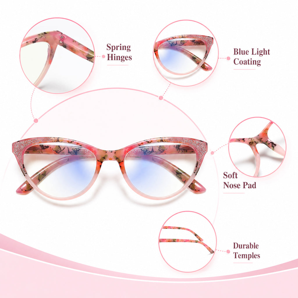 Stylish Cat Eye Reading Glasses for Women – Glitter Frame Blue Light Readers, Fashionable Computer Cheaters for Everyday Comfort