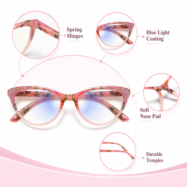 Stylish Cat Eye Reading Glasses for Women – Glitter Frame Blue Light Readers, Fashionable Computer Cheaters for Everyday Comfort