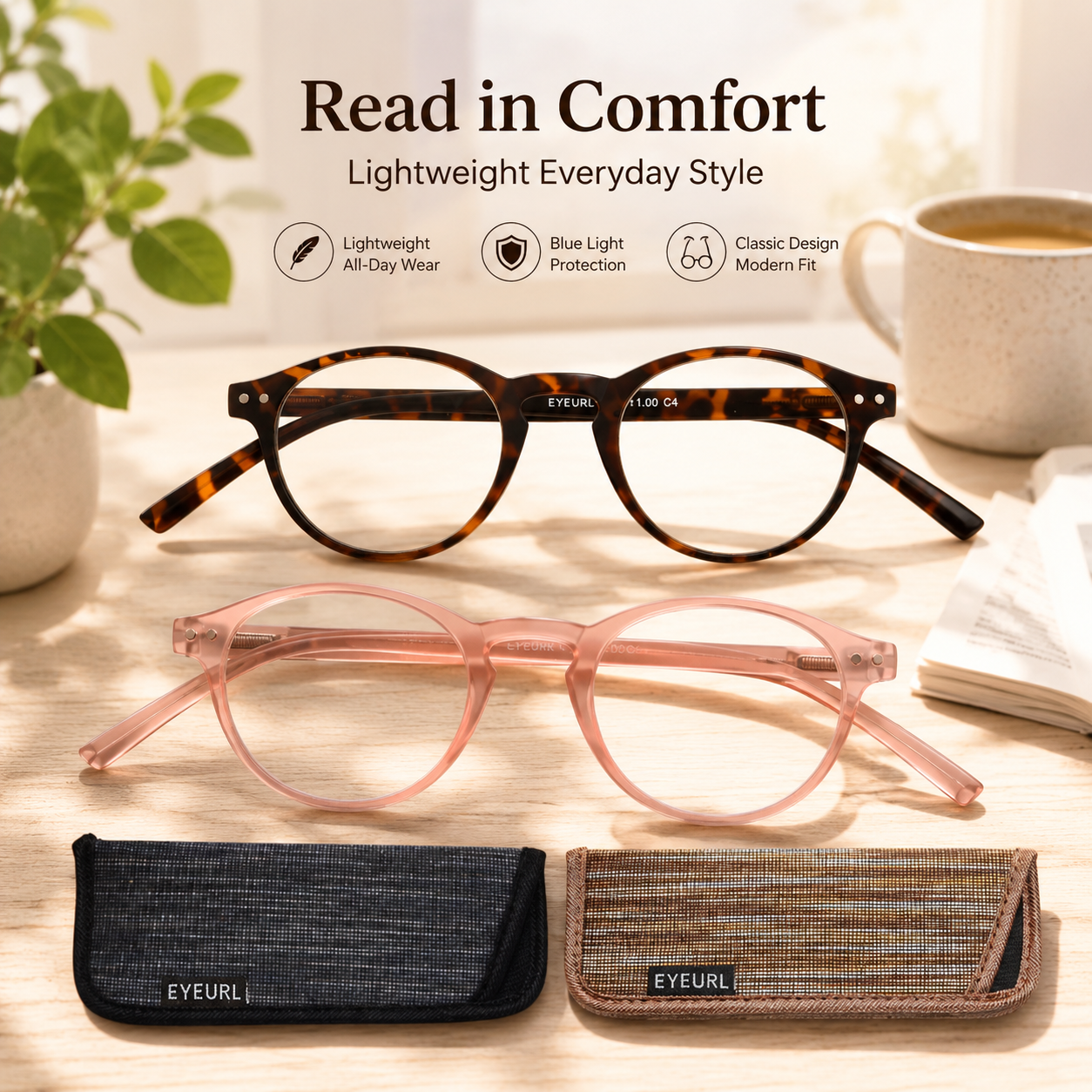 EYEURL 4-Pack Small Round Reading Glasses for Women Men Neck Hanging Blue Light Blocking Eyeglasses TR90 Readers for Women Main image