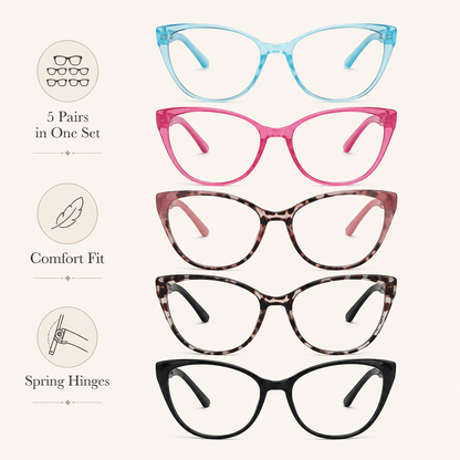 EYEURL 5 Pack Reading Glasses for Women-Cat Eye Blue Light Blocking Readers Fashion Computer Glasses with Spring Hinge Anti-Glare Readers for Women
