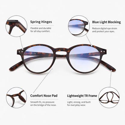 EYEURL 4-Pack Small Round Reading Glasses for Women Men Neck Hanging Blue Light Blocking Eyeglasses TR90 Readers for Women