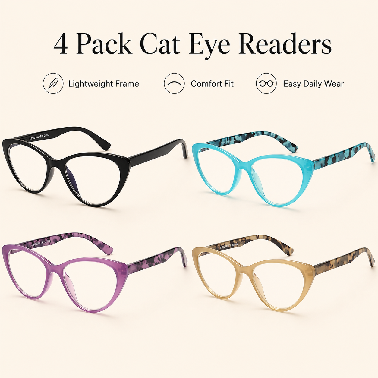EYEURL Cat Eye Reading Glasses for Women Blue Light Blocking Readers Pack of 4, Computer Glasses with Pattern Design, 2.50 Magnification, Durable Plastic Frame with Spring Hinges, Anti UV Rays Secondary image