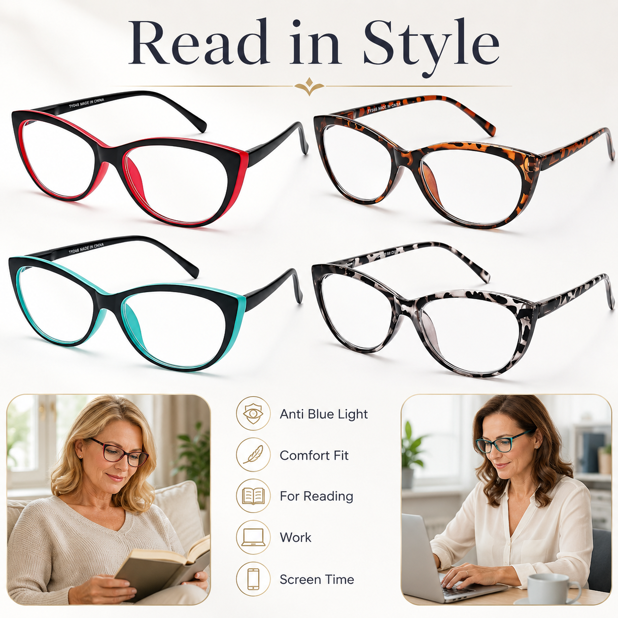 EYEURL Cat Eye Reading Glasses for Women – 4 Pack Blue Light Blocking Fashion Readers, Lightweight Spring Hinge Anti-UV Eyeglasses for Daily Use