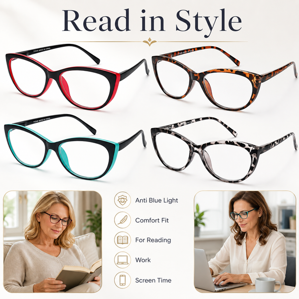 EYEURL Cat Eye Reading Glasses for Women – 4 Pack Blue Light Blocking Fashion Readers, Lightweight Spring Hinge Anti-UV Eyeglasses for Daily Use
