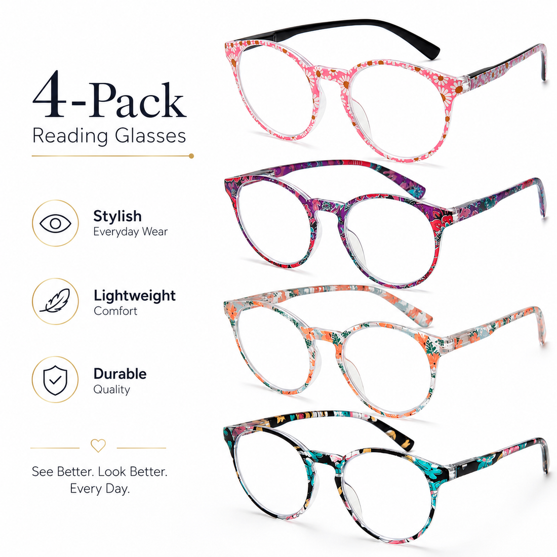 4-Pack Colorful Round Blue-Light Readers for Women - product photo 1