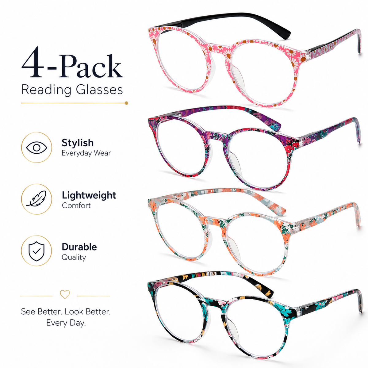 4-Pack Colorful Round Blue-Light Readers for Women - product photo 1