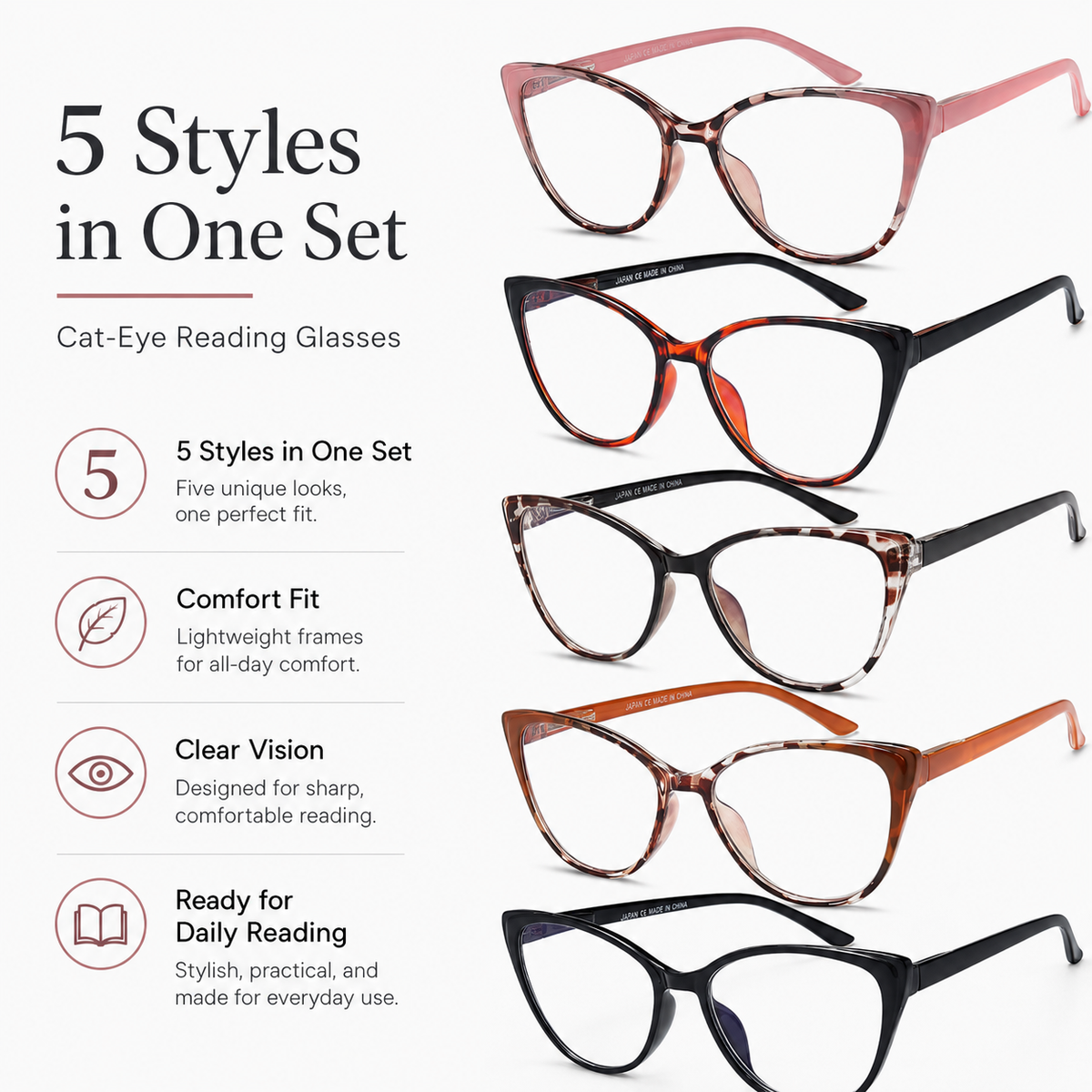 5-Pack Fashion Cat-Eye Blue-Light Readers for Women - product photo 1