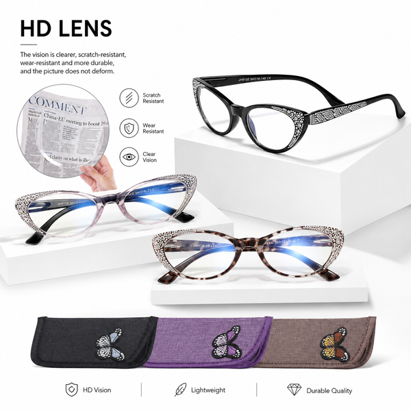 EYEURL Cat Eye Reading Glasses 3-Pack – Blue Light Blocking Computer Readers for Women, Rhinestone Frame Design, Anti UV & Anti Glare Eyeglasses