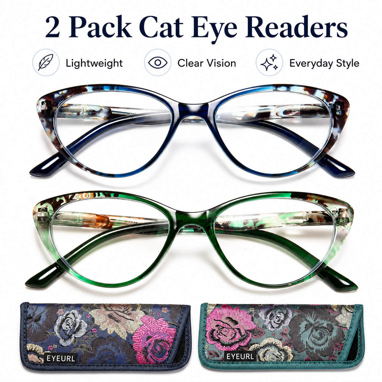 2 Pack Blue Light Blocking Cat Eye Readers for Women – Anti Glare UV Filter Computer Reading Glasses, Spring Hinge Comfort Fit Main image