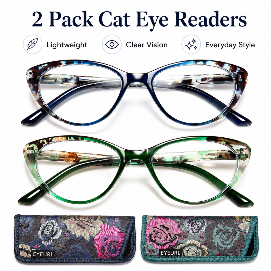 2 Pack Blue Light Blocking Cat Eye Readers for Women – Anti Glare UV Filter Computer Reading Glasses, Spring Hinge Comfort Fit