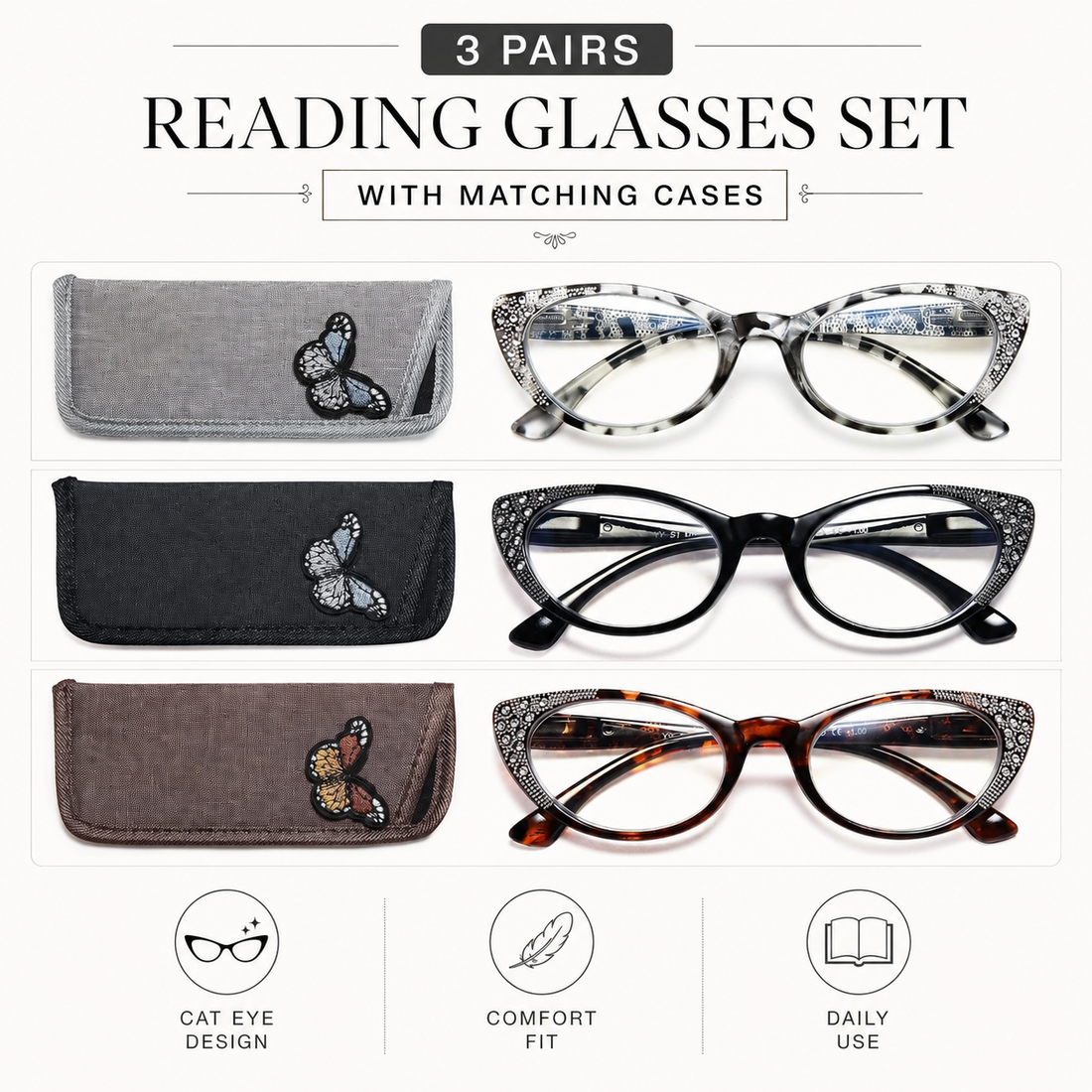 3-Pack Cat-Eye Readers for Women – Assorted Colors - product photo 1