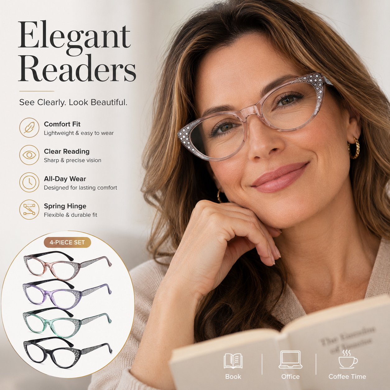 EYEURL Cat Eye Reading Glasses for Women – 4 Pack Blue Light Blocking Fashion Readers with Flexible Spring Hinges, Anti-Glare and UV Protection Eyewear