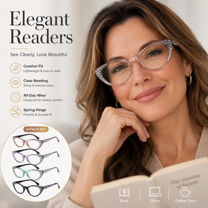 EYEURL Cat Eye Reading Glasses for Women – 4 Pack Blue Light Blocking Fashion Readers with Flexible Spring Hinges, Anti-Glare and UV Protection Eyewear