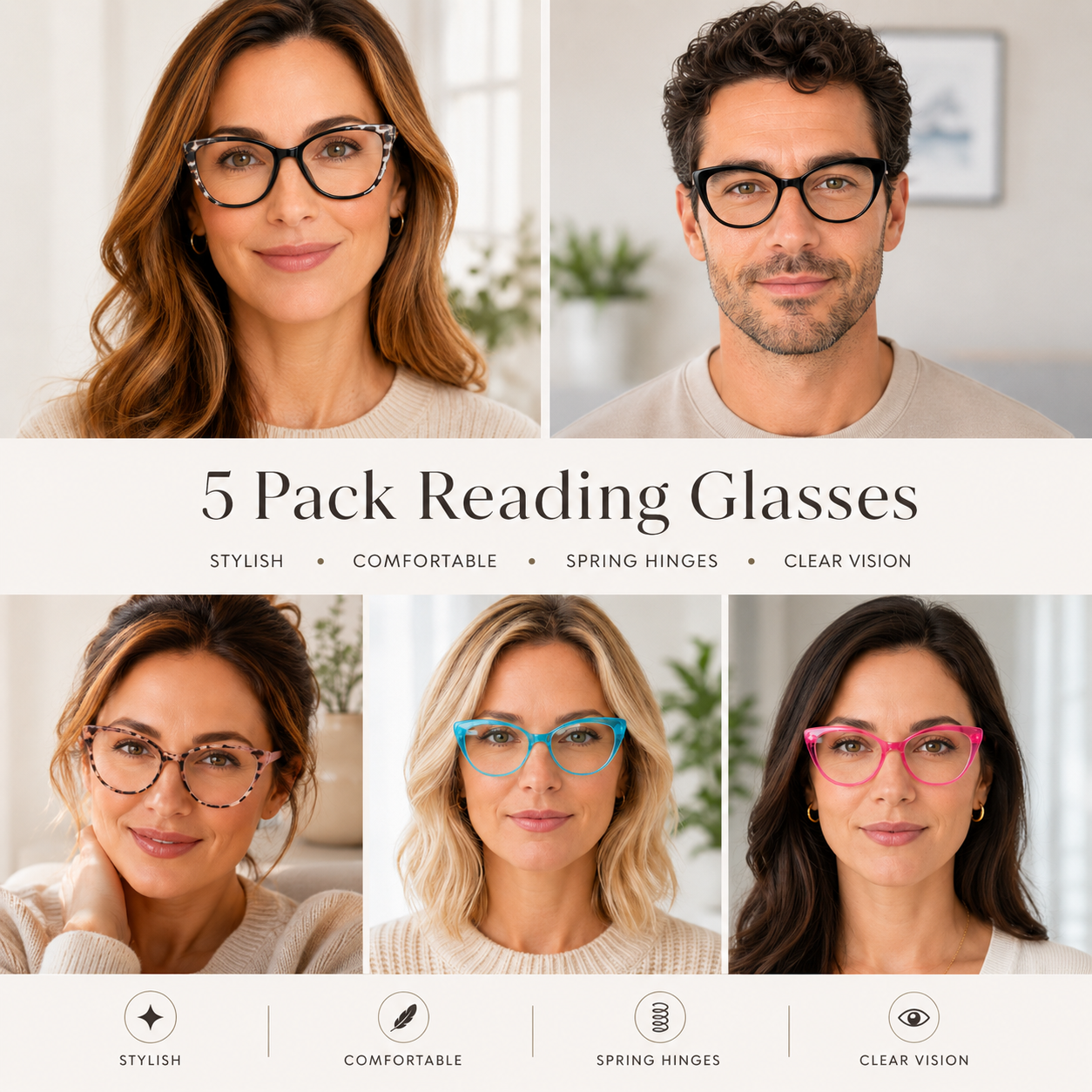 EYEURL 5 Pack Reading Glasses for Women-Cat Eye Blue Light Blocking Readers Fashion Computer Glasses with Spring Hinge Anti-Glare Readers for Women