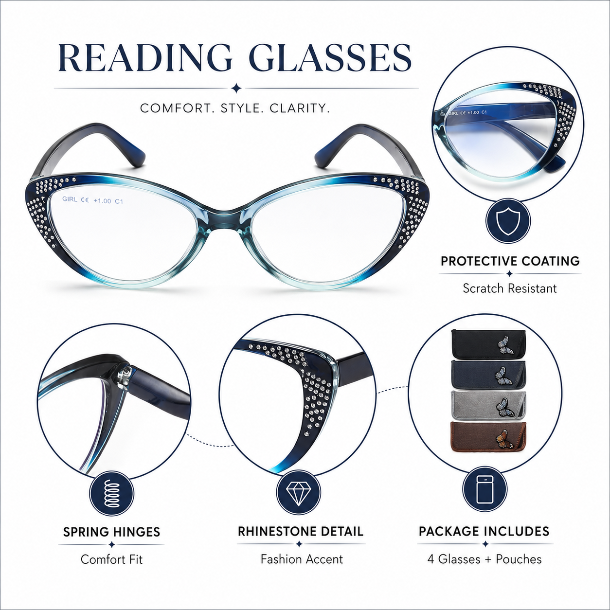 EYEURL Cat Eye Blue Light Blocking Reading Glasses for Women - Fashion Readers with Flexible Spring Hinges