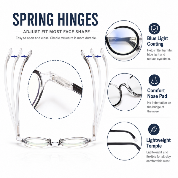Blue Light Blocking Retro Round Readers for Men & Women – Anti Eye Strain Computer Glasses with Durable Spring Hinges and Trendy Color Frames