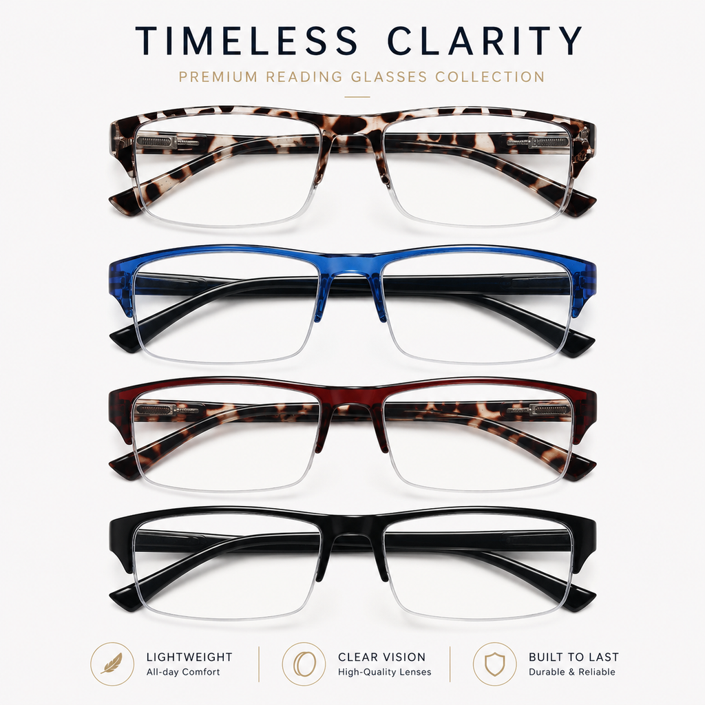 EYEURL 4 Pack Half Frame Blue Light Reading Glasses – Stylish Rectangle Semi-Rimless Readers for Men and Women, Lightweight Eyewear with Spring Hinges