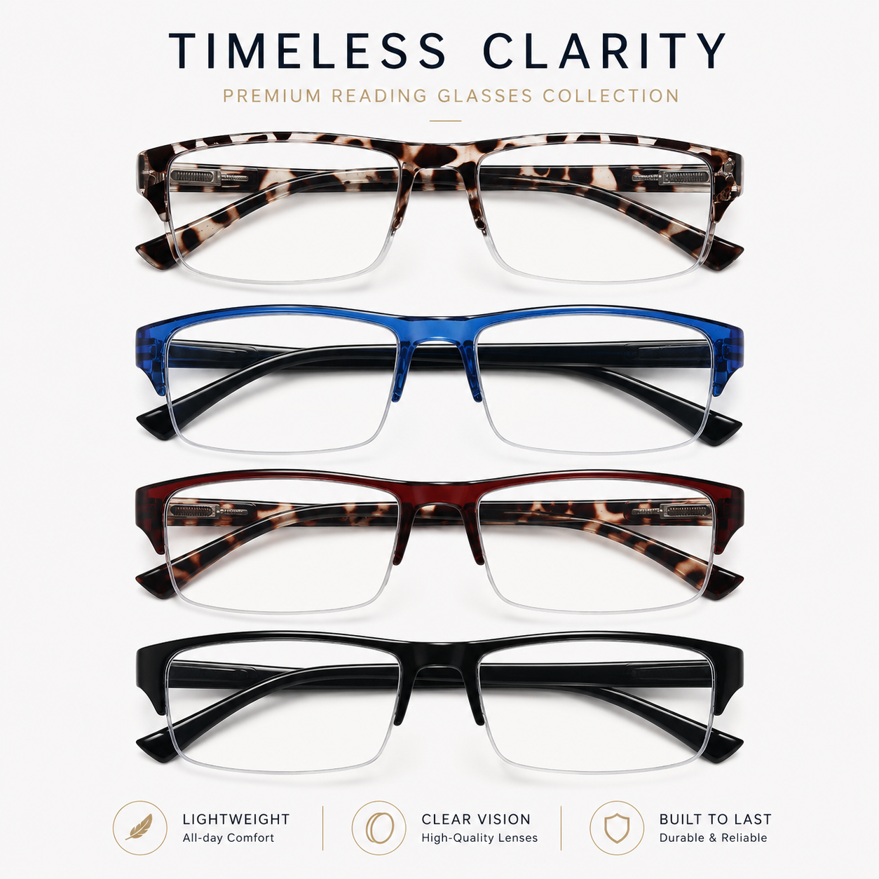 EYEURL 4 Pack Half Frame Blue Light Reading Glasses – Stylish Rectangle Semi-Rimless Readers for Men and Women, Lightweight Eyewear with Spring Hinges