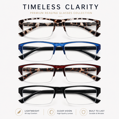 EYEURL 4 Pack Half Frame Blue Light Reading Glasses – Stylish Rectangle Semi-Rimless Readers for Men and Women, Lightweight Eyewear with Spring Hinges