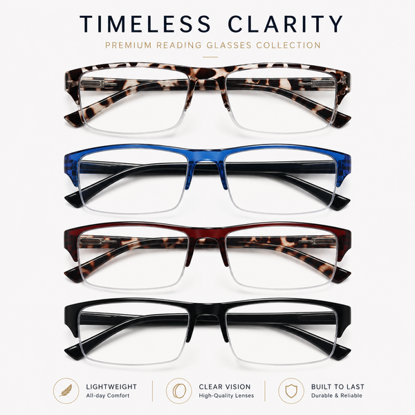 EYEURL 4 Pack Half Frame Blue Light Reading Glasses – Stylish Rectangle Semi-Rimless Readers for Men and Women, Lightweight Eyewear with Spring Hinges