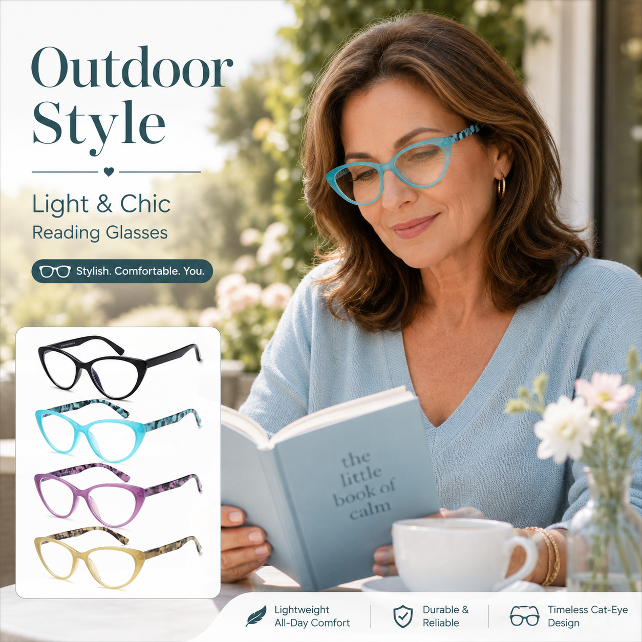 EYEURL Cat Eye Reading Glasses for Women Blue Light Blocking Readers Pack of 4, Computer Glasses with Pattern Design, 2.50 Magnification, Durable Plastic Frame with Spring Hinges, Anti UV Rays