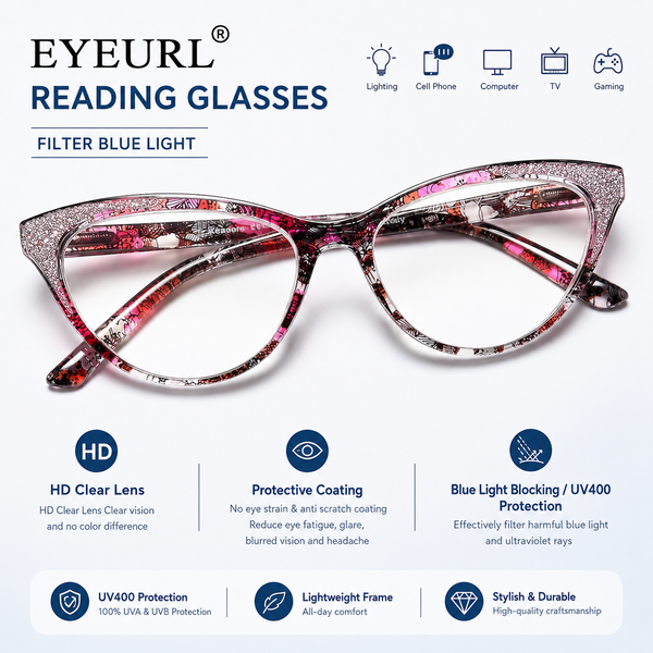 Cat Eye Reading Glasses for Women, Eyeglasses, Blue Light Readers for Women, Computer Eye Glasses, Cheaters, Stylish Glitter Frame for All Face Shapes