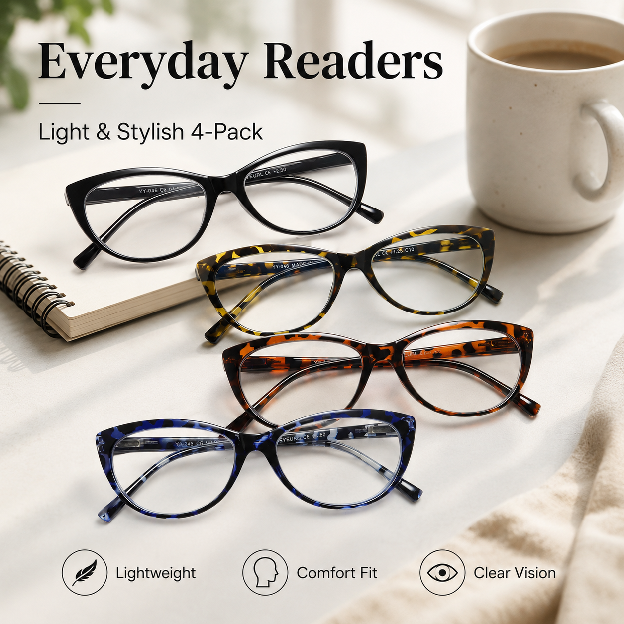 EYEURL 4 Pack Cat Eye Reading Glasses for Women – Stylish Blue Light Blocking Readers, Anti Eyestrain UV Protection Eyewear for Office and Home