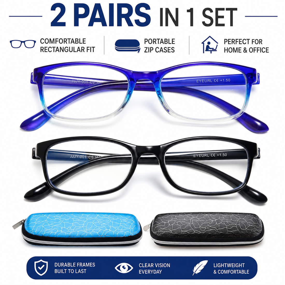 2-Pack Full-Rim Blue-Light Readers for Women – Black & Blue - product photo 1