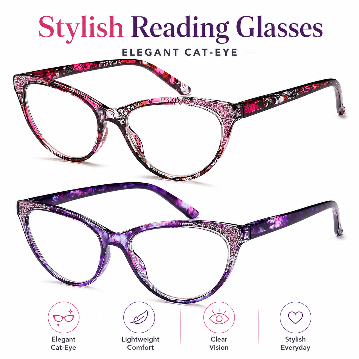 Cat Eye Reading Glasses for Women, Eyeglasses, Blue Light Readers for Women, Computer Eye Glasses, Cheaters, Stylish Glitter Frame for All Face Shapes