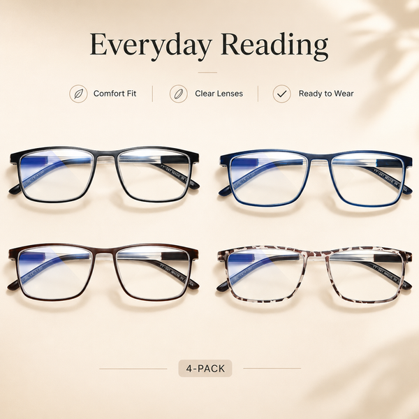 EYEURL 4 Pack Reading Glasses for Men and Women - Blue Light Blocking Readers with Spring Hinges - Anti Glare/UV Rays