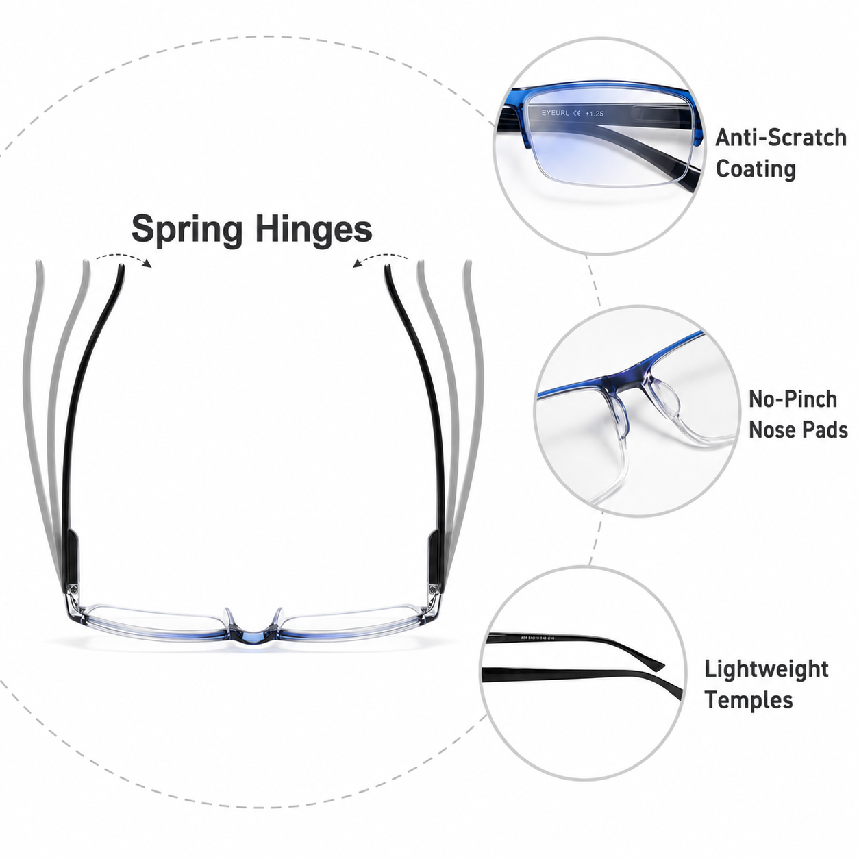 EYEURL 4-Pack Half Frame Blue Light Reading Glasses for Men Rectangle Semi Rimless Readers for Women Spring Hinge Eyeglasses