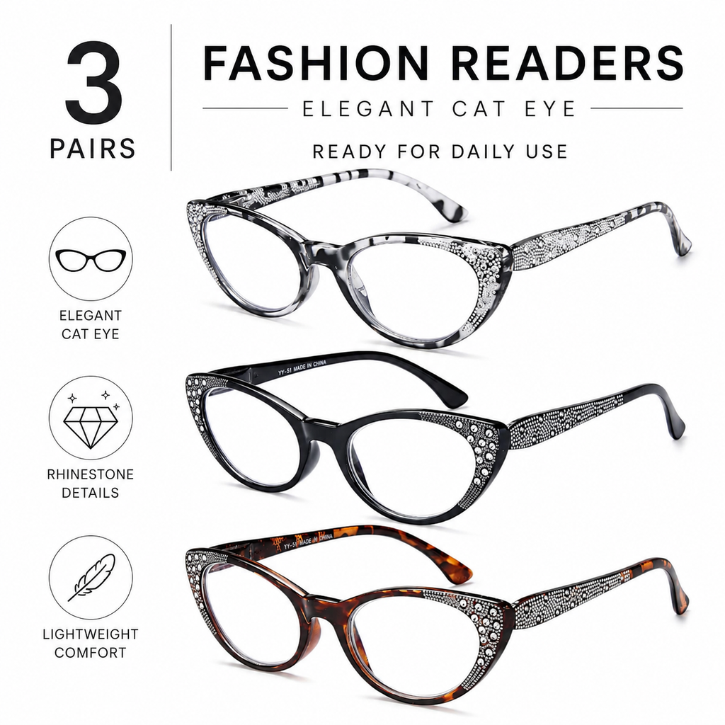 EYEURL 3-Pack Cat Eye Reading Glasses for Women – Blue Light Blocking Computer Readers with Rhinestones, Spring Hinges & UV Protection