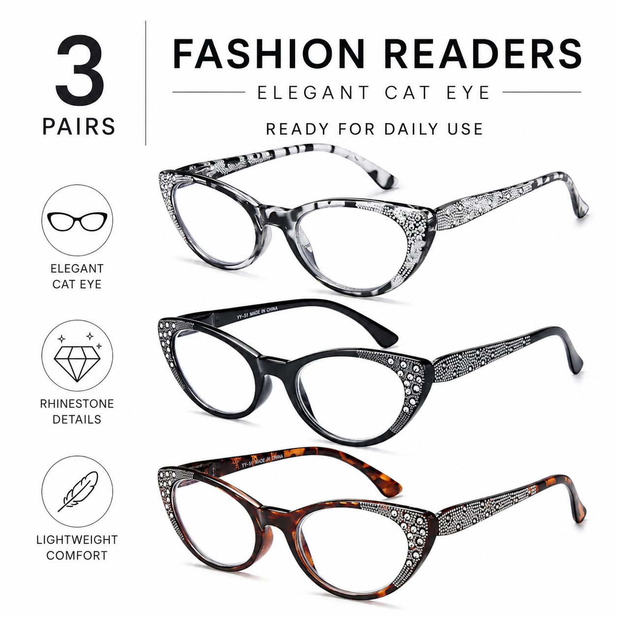 EYEURL 3-Pack Cat Eye Reading Glasses for Women – Blue Light Blocking Computer Readers with Rhinestones, Spring Hinges & UV Protection