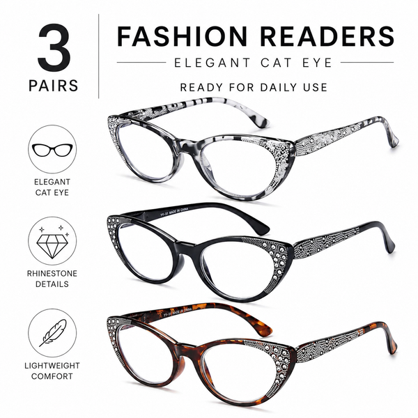 EYEURL 3-Pack Cat Eye Reading Glasses for Women – Blue Light Blocking Computer Readers with Rhinestones, Spring Hinges & UV Protection