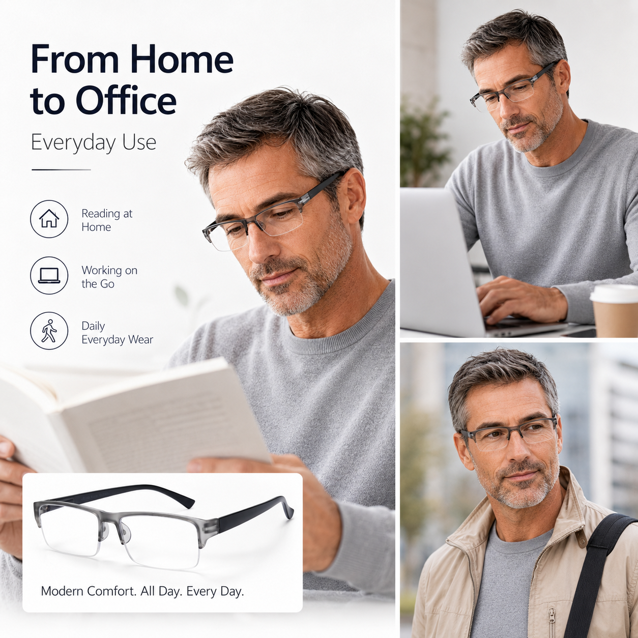 EYEURL 4-Pack Half Frame Blue Light Reading Glasses for Men Rectangle Semi Rimless Readers for Women Spring Hinge Eyeglasses