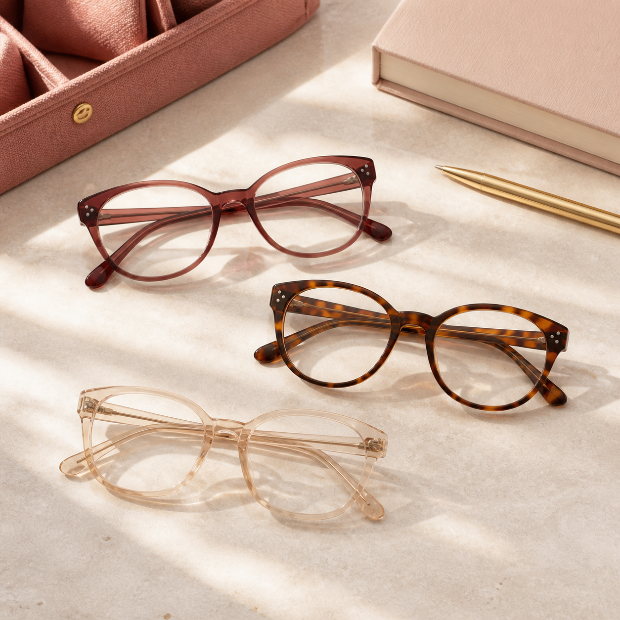 Three stylish women’s reading glasses on a warm cream desktop