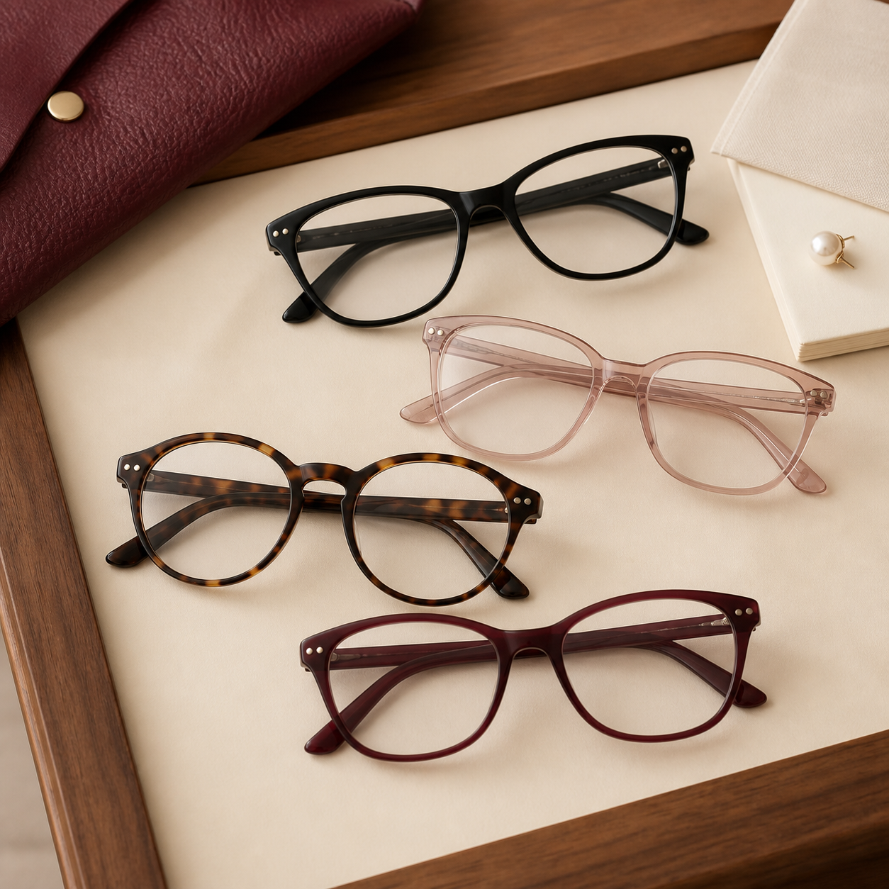 Four stylish women’s reading glasses arranged on a warm desk