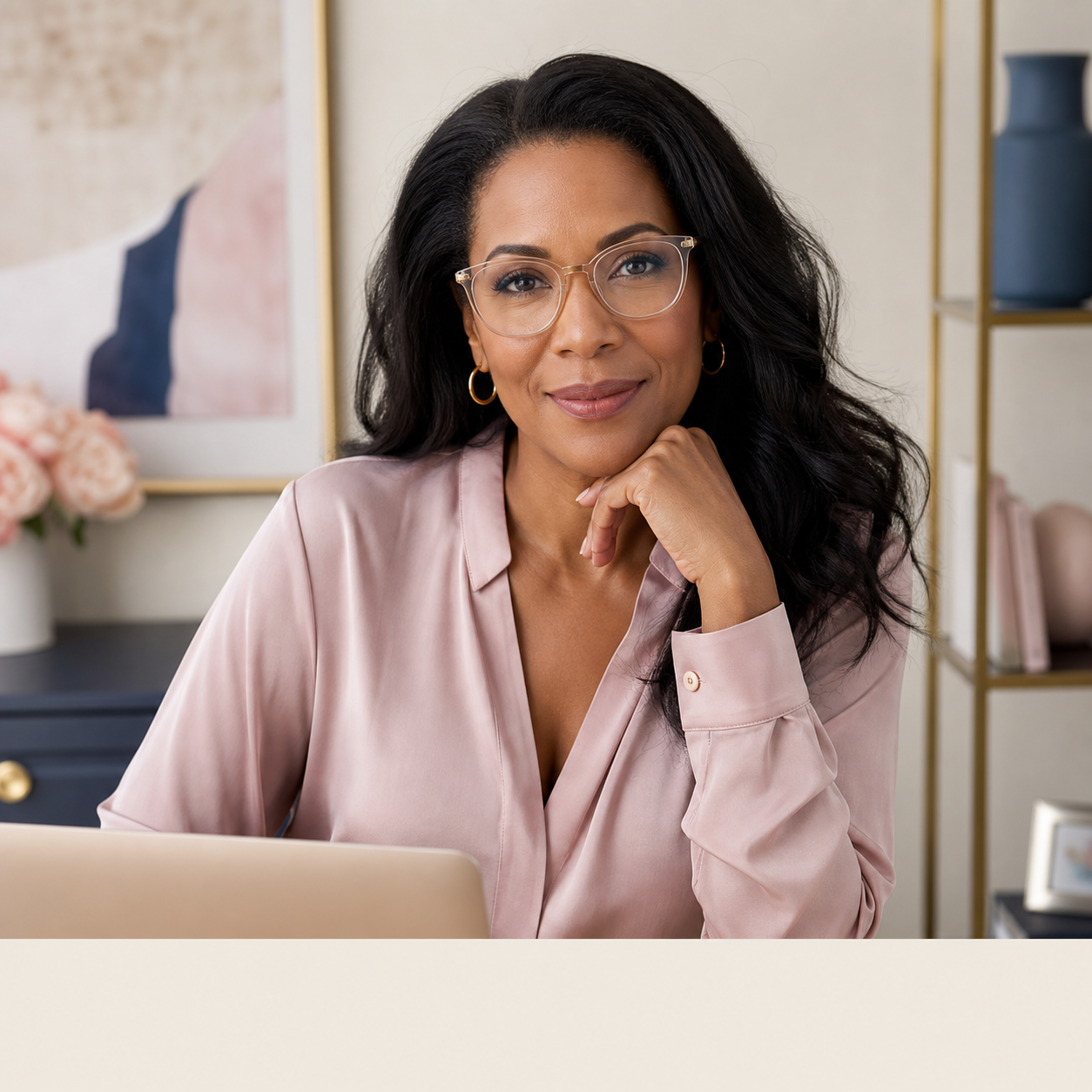 Woman in a home office wearing clear reading glasses