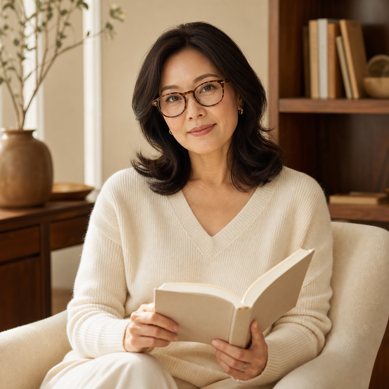 Woman reading in classic tortoiseshell glasses