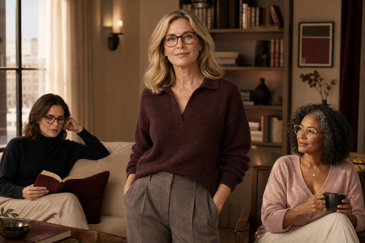 Three women wearing stylish reading glasses in a warm modern interior