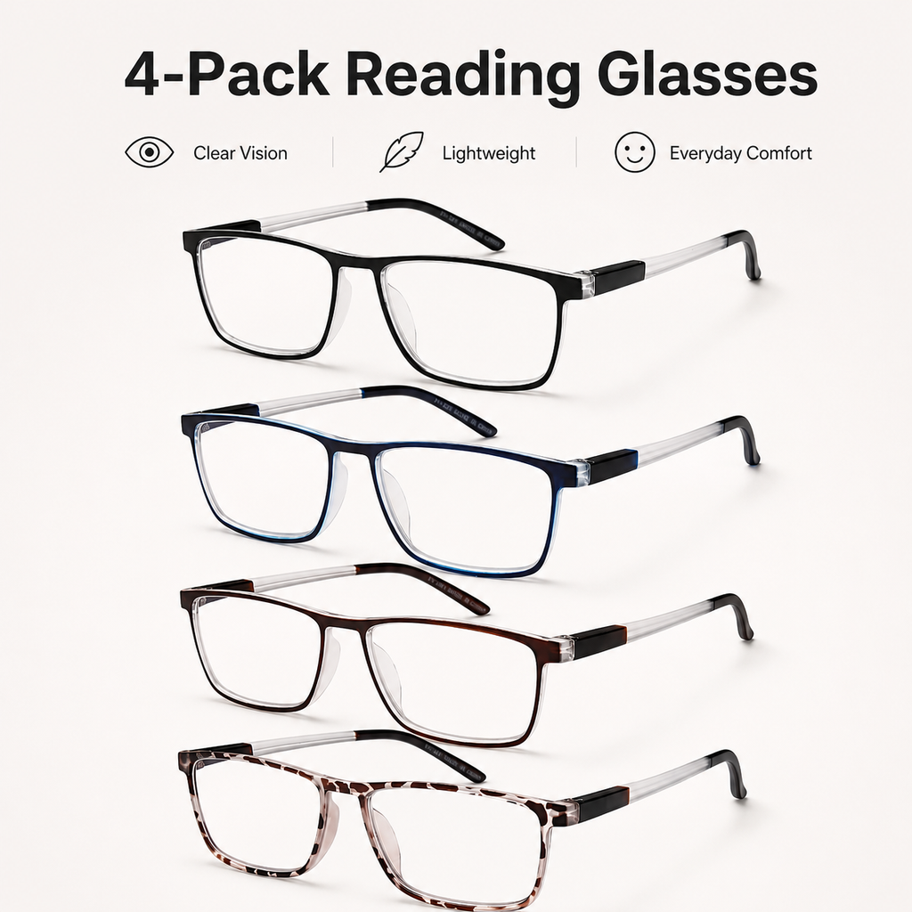 EYEURL 4 Pack Reading Glasses for Men and Women - Blue Light Blocking Readers with Spring Hinges - Anti Glare/UV Rays