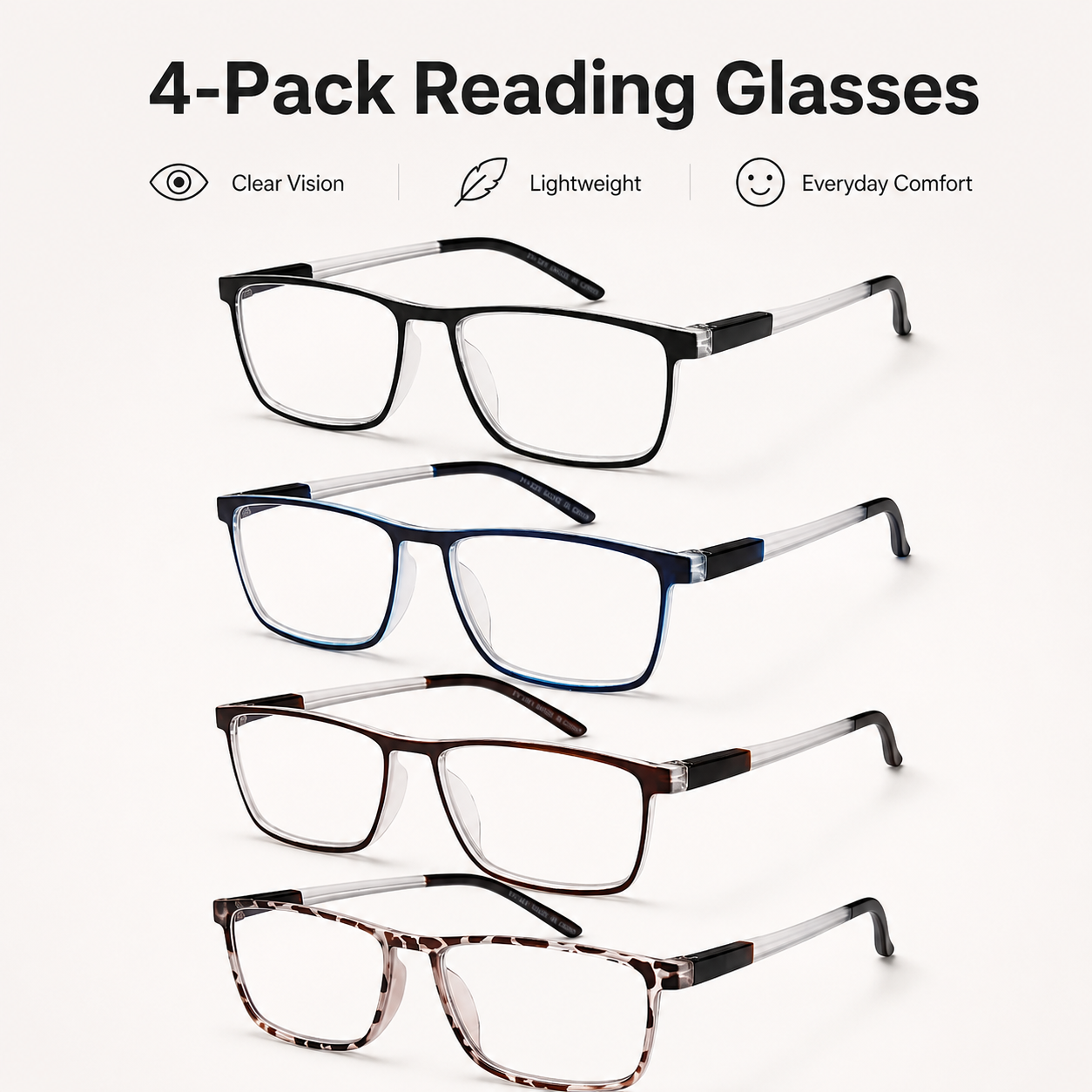 EYEURL 4 Pack Reading Glasses for Men and Women - Blue Light Blocking Readers with Spring Hinges - Anti Glare/UV Rays