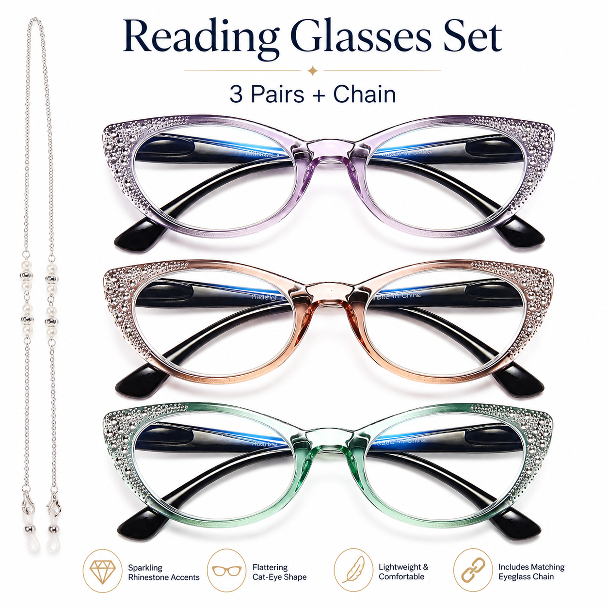 EYEURL Cat Eye Reading Glasses for Women Blue Light Blocking 3 Pack Ladies Computer Readers with Spring Hinge Lightweight Eyeglasses Anti Eyestrain 2.75 Main image