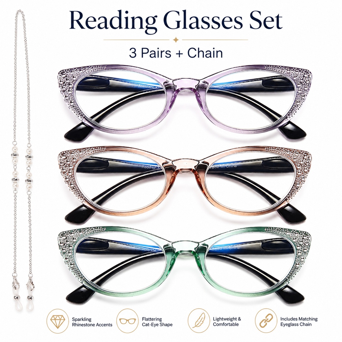 3-Pack Cat-Eye Blue-Light Readers for Women – Black & Clear - product photo 1