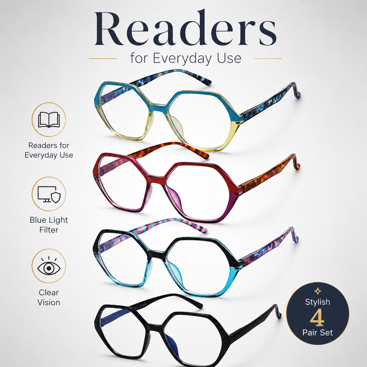 EYEURL Blue Light Blocking Diamond Shaped Reading Glasses – 4 Pack Vintage Computer Readers for Women and Men, Anti-Glare Lightweight Eyewear