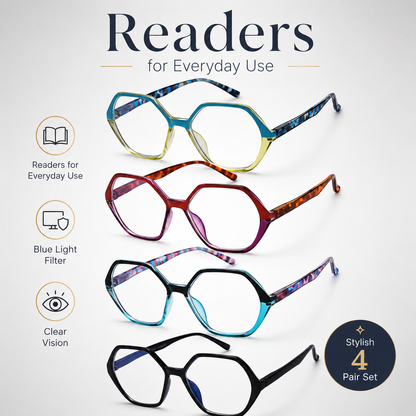 EYEURL Blue Light Blocking Diamond Shaped Reading Glasses – 4 Pack Vintage Computer Readers for Women and Men, Anti-Glare Lightweight Eyewear